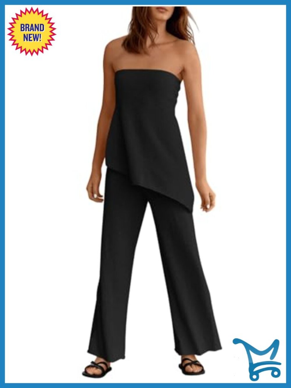 Womens 2 Piece Knit Lounge Set Asymmetrical Tube Top Wide Leg Pants